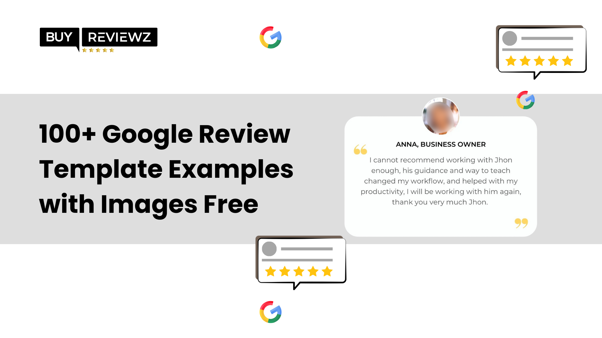 Collection of free Google review templates with star ratings, text examples, and visuals